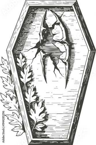 Halloween coffin with claw scratches, spooky wooden coffin with leaves, eerie horror decoration design