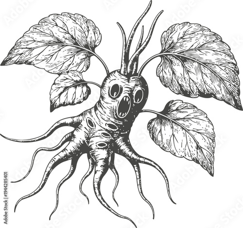Hand drawn mandrake root with leaves mythical plant with human like shape, botanical vintage engraving