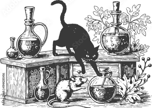 Black cat and white rat interacting near ancient glass potion bottles and herbs on wooden table