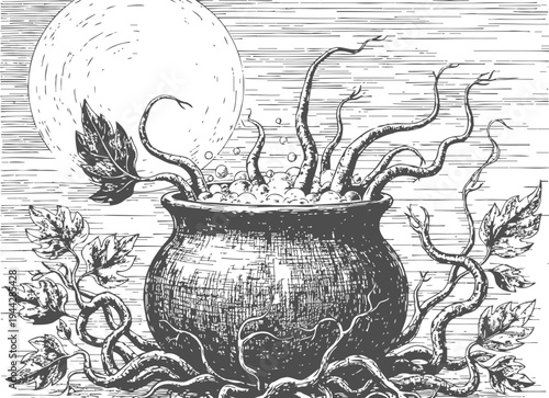 Witch's cauldron bubbling with magical potion, twisted roots and full moon background