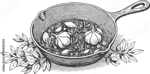 Cast iron skillet with herbs and garlic cloves in oil, rustic cooking ingredients illustration