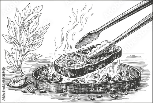 Grilled steak on hot coals with tongs and herbs cooking meat barbecue illustration