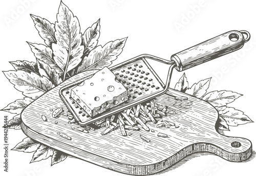 Cheese grater with cheese on wooden cutting board and leaves, engraving illustration