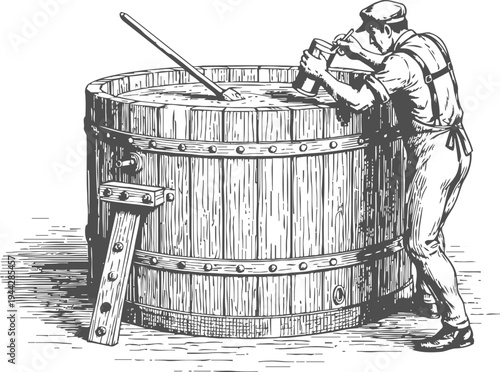 Vintage illustration of cooper making a large wooden barrel for storage or aging