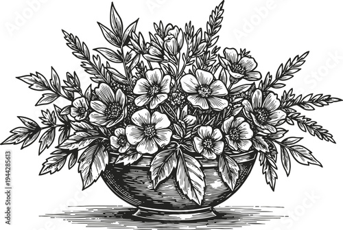 Botanical floral arrangement in decorative bowl with detailed hand drawn flowers and leaves