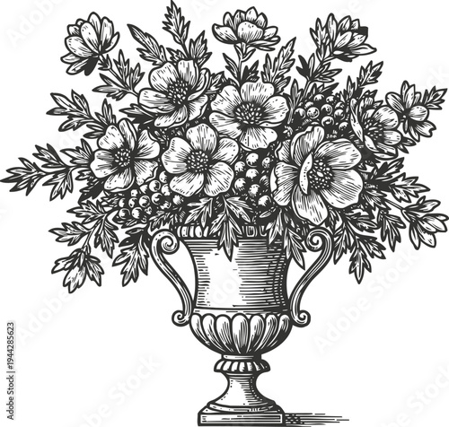 vintage floral bouquet in ornate vase detailed hand drawn flowers and leaves arrangement in classic decorative urn