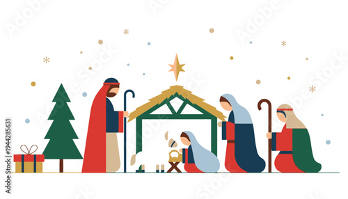 Nativity scene illustration with people and animals in a manger