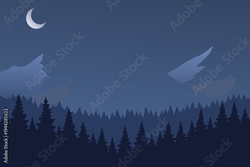 Night forest landscape with crescent moon and mountains dark blue sky flat vector art