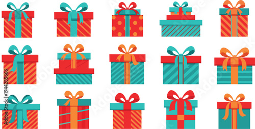 Collection of Festive Colorful Gift Boxes with Ribbons and Bows for Christmas Birthday Anniversary Holiday Celebration Surprise Vector Design Elements