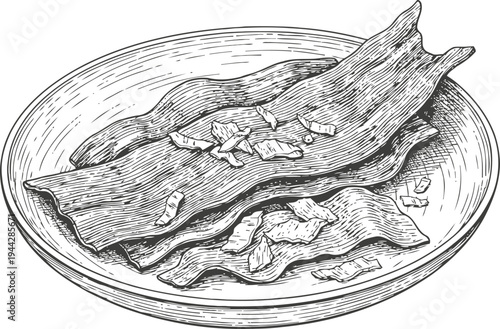 Crispy bacon strips on a plate with small bacon bits, detailed black and white vintage illustration