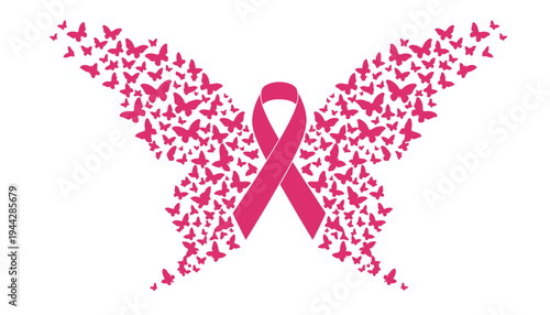 A pink breast cancer awareness ribbon formed by butterflies