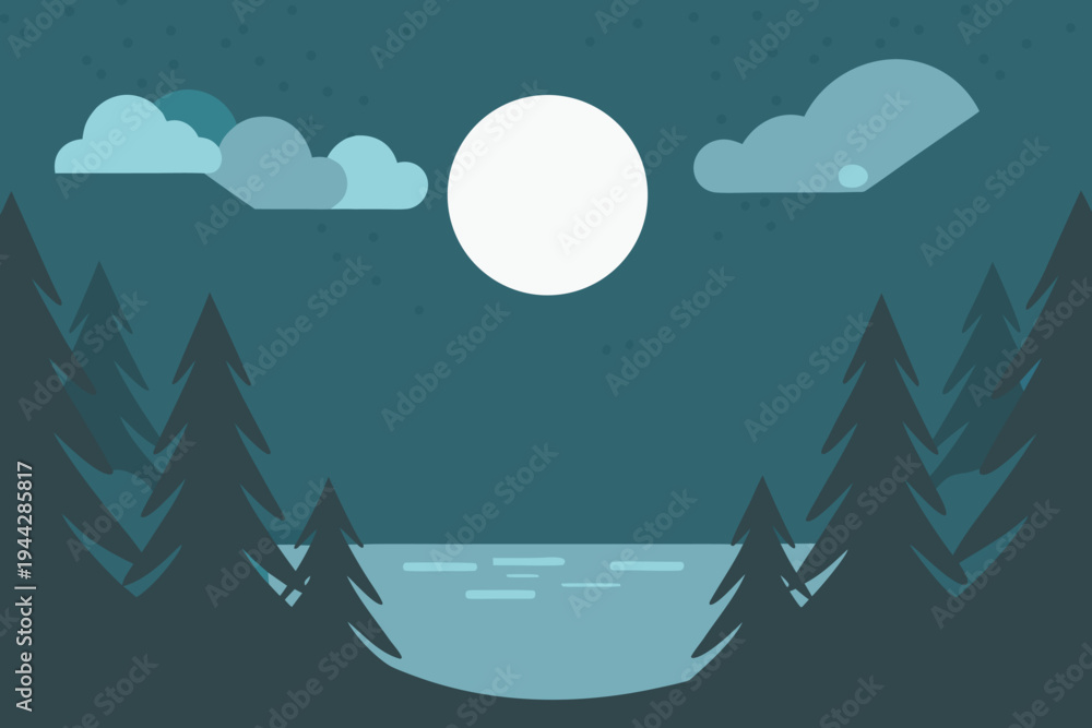 Obraz premium Night Landscape with Moon over Lake and Forest Flat Design