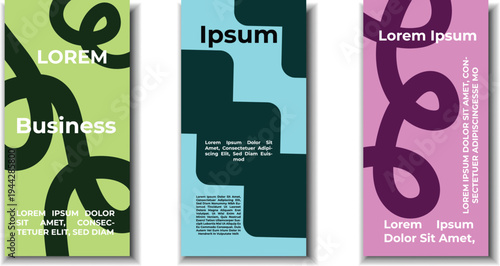 Three colorful book covers with abstract designs and text