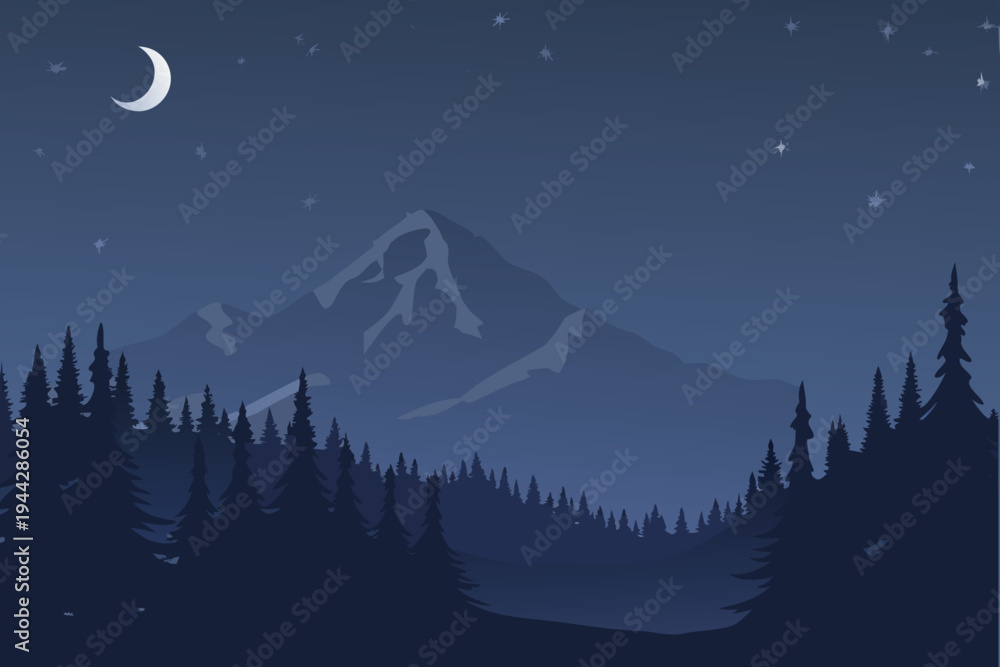 Obraz premium Night Mountain Landscape with Crescent Moon and Stars over Pine Forest