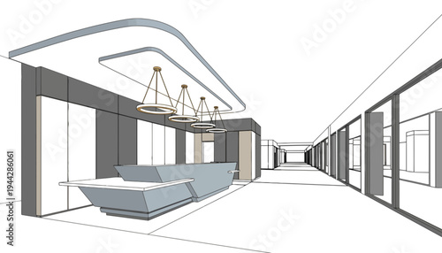 A modern office interior with a sleek reception desk and minimalist decor