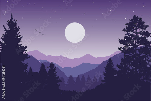 Night Mountain Landscape with Full Moon and Stars Silhouette Trees Vector Art