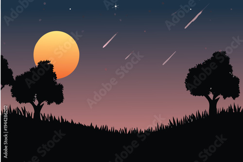 Night Sky Silhouette: Moon Stars and Meteor Shower Over Grassy Hills and Trees