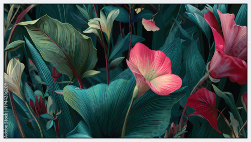 Stylish tropical botanical wallpaper featuring lush leaves and elegant blooming flowers in a modern decorative composition. Ideal for wallpaper design, home interior decoration, digital backgrounds, w