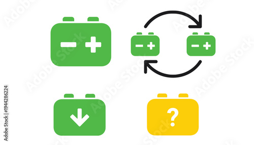 Battery icon set with different symbols and status indicators