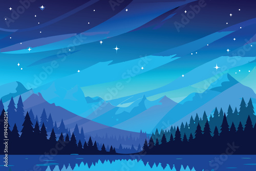 Nighttime Aurora Sky Over Pine Forest and Mountain Lake Reflection Illustration
