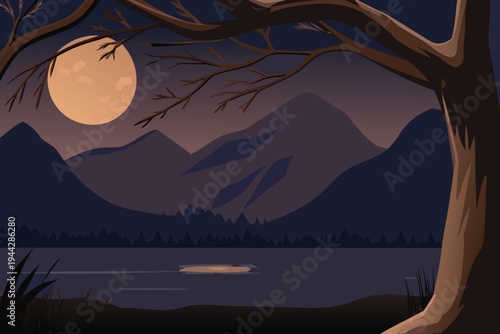 Nighttime mountain lake scene with full moon and silhouetted tree branches vector illustration