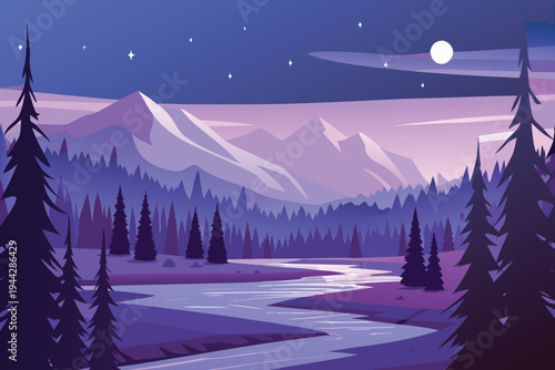 Nighttime Mountain Landscape with Winding River and Pine Forest Starry Sky Full Moon Stock Illustration