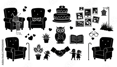 A black silhouette illustration of various objects and symbols for design