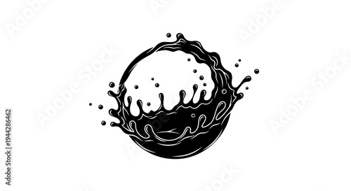Black ink splash forming a circle, abstract liquid drop, dynamic fluid motion