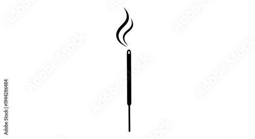 Black Incense Stick Burning with Smoke Swirls on White Background, Minimalist Icon