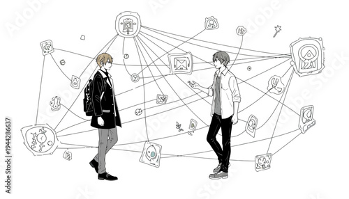 Two anime boys connected by social media icons and lines illustration
