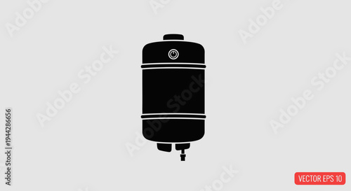 Black silhouette of a water heater icon on a gray background
