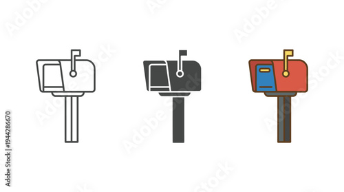 Mailbox Icon Set Vector Illustration Line Art Solid Flat Design