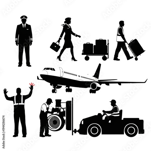 Airport Staff and Travelers Silhouettes.