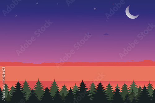 Pine Forest Silhouette at Dusk with Crescent Moon and Stars Twilight Sky Stock Illustration