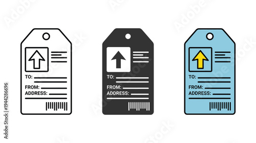 Shipping Tag Icon Set with Up Arrow, Barcode, and Address Fields Isolated on White Vector Illustration