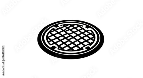 Black and white illustration of a manhole cover, urban infrastructure element, top view