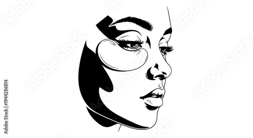 Black and White Illustration of a Woman's Face with Under-Eye Patches and Dramatic Eyelashes