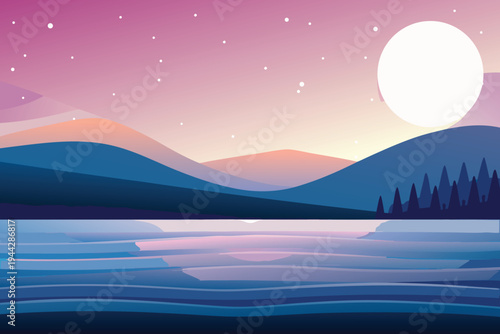Pixel Art Landscape Lake Mountains Moon Stars Sunset Sky Serene Nature Scene Stock Illustration