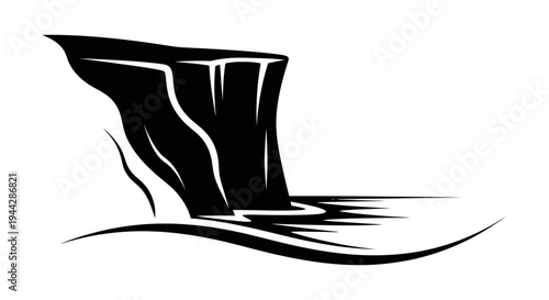 Black and white illustration of a waterfall cascading over a cliff into water.