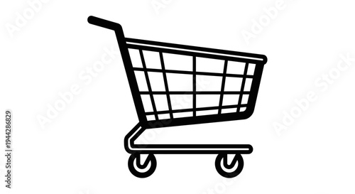Black and White Shopping Cart Icon, Simple Line Art, E-commerce and Retail Symbol