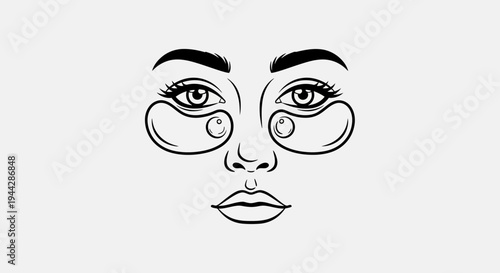 Black and White Line Art of a Woman's Face with Under Eye Patches and Mascara