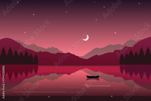 Pixel Art Mountain Lake at Dusk with Crescent Moon and Lone Boat Reflection