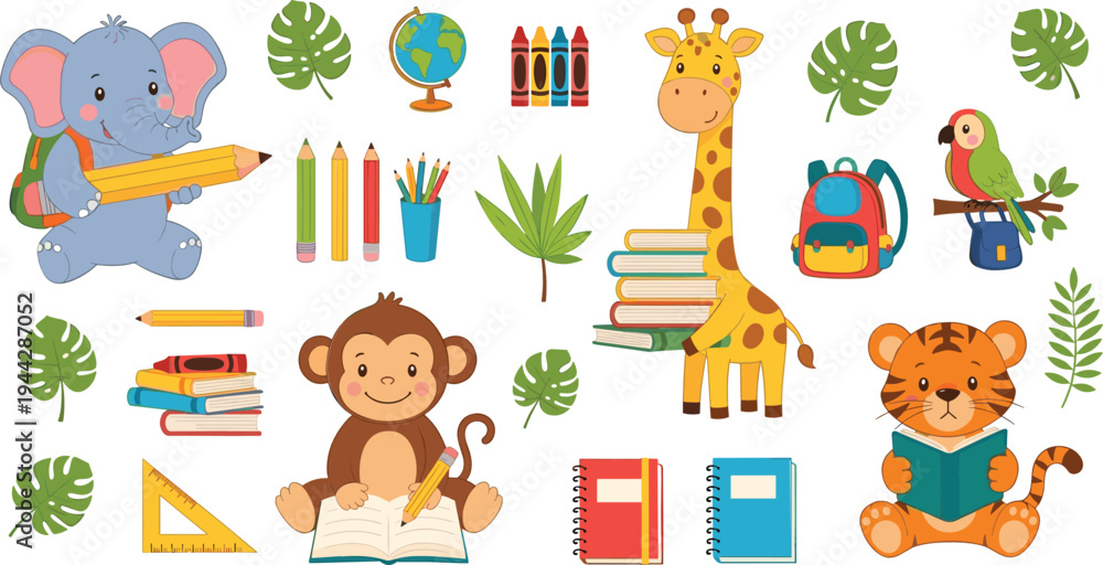 Fototapeta premium Cute jungle animals school vector set with elephant, giraffe, monkey, tiger and parrot reading books and education elements