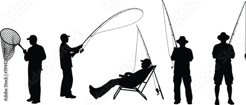 Set of black silhouettes of men fishing with rods and nets, professional fisherman catching fish, relaxing in chairs on white.