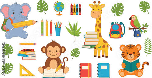 Cute jungle animals school vector set with elephant, giraffe, monkey, tiger and parrot reading books and education elements