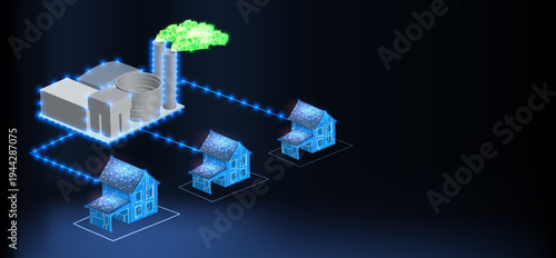In a futuristic setting, a green energy facility powers an array of smart homes with advanced technology, showcasing innovation in sustainable living and community energy solutions.