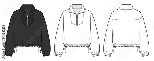 Athletic Half-Zip Pullover Sweatshirt Technical Fashion Illustration. Elastic Hem Drawstring Jacket with Stand Collar LongSleeves. Front and Back View set. Athleisure Apparel CAD Mockup.