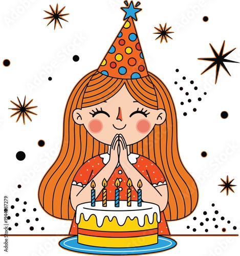 Cartoon girl wearing party hat making wish on birthday cake with candles and stars around her