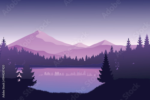 Purple Mountain Range Reflecting in Lake at Twilight Pine Forest Silhouette