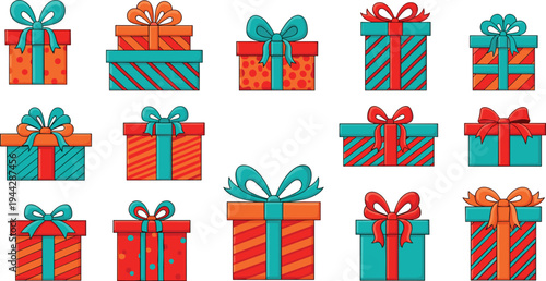 Set of colorful Christmas and birthday gift boxes with ribbons and bows in orange red and teal blue colors isolated